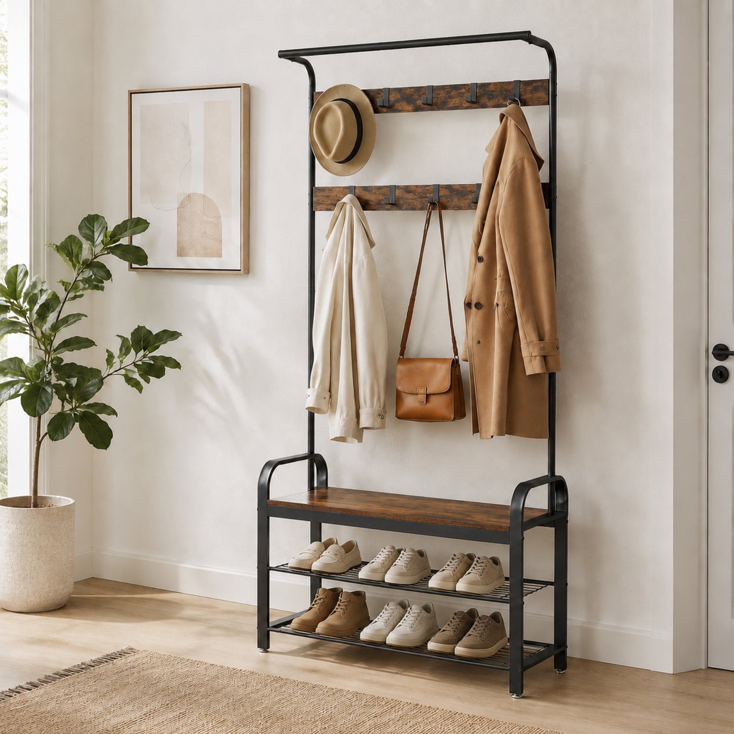 4-in-1 Tall Rustic Wood Coat Clothes Hanger Rack with Shoe Bench