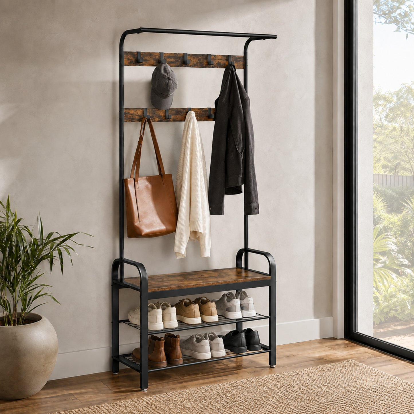4-in-1 Tall Rustic Wood Coat Clothes Hanger Rack with Shoe Bench