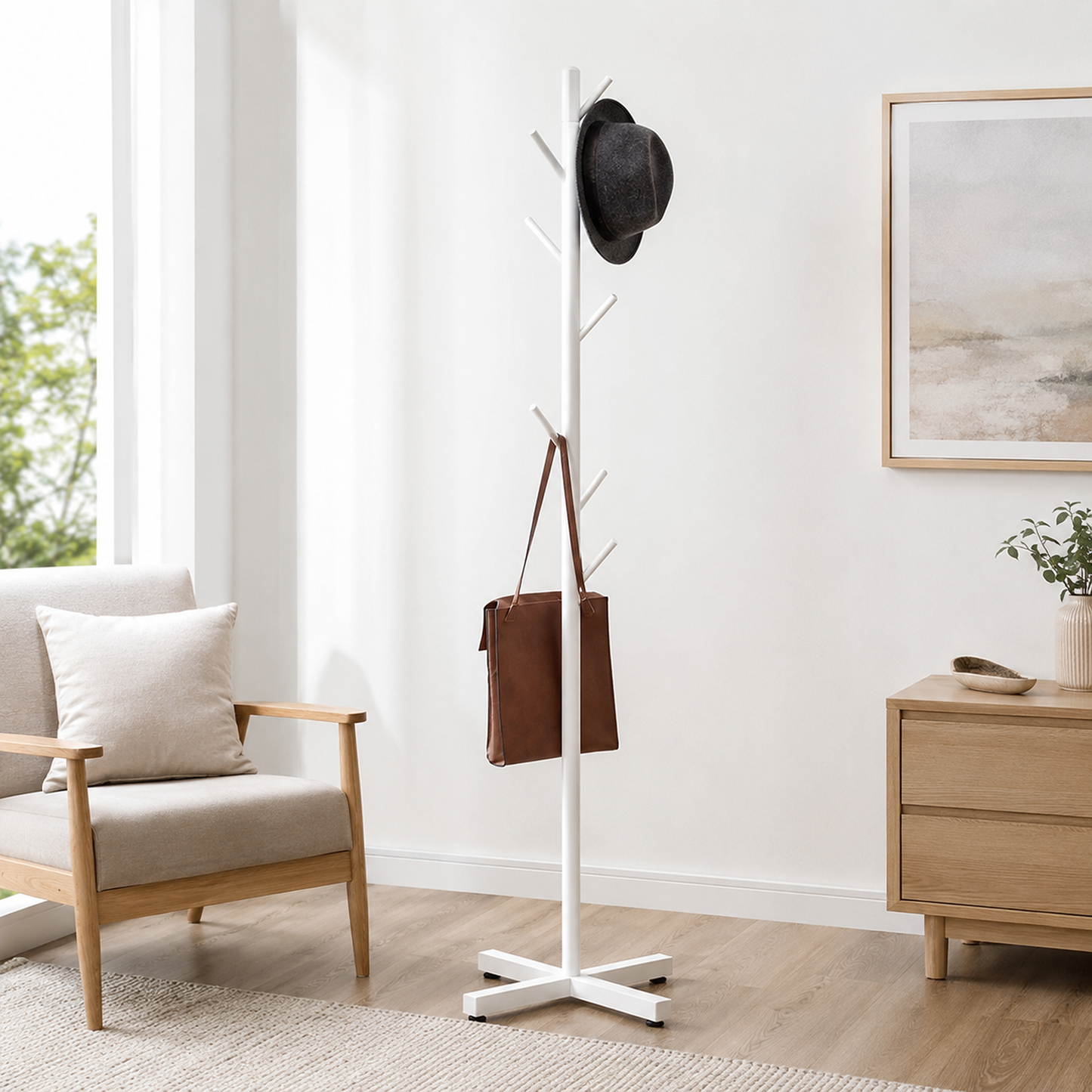 Freestanding Metal Coat Hat Hanging Stand Clothes Hanger Rack Tree Organiser (White)