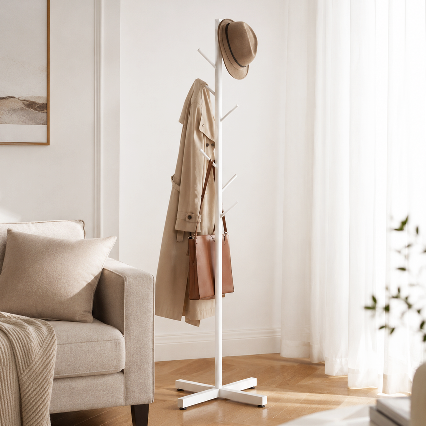 Freestanding Metal Coat Hat Hanging Stand Clothes Hanger Rack Tree Organiser (White)