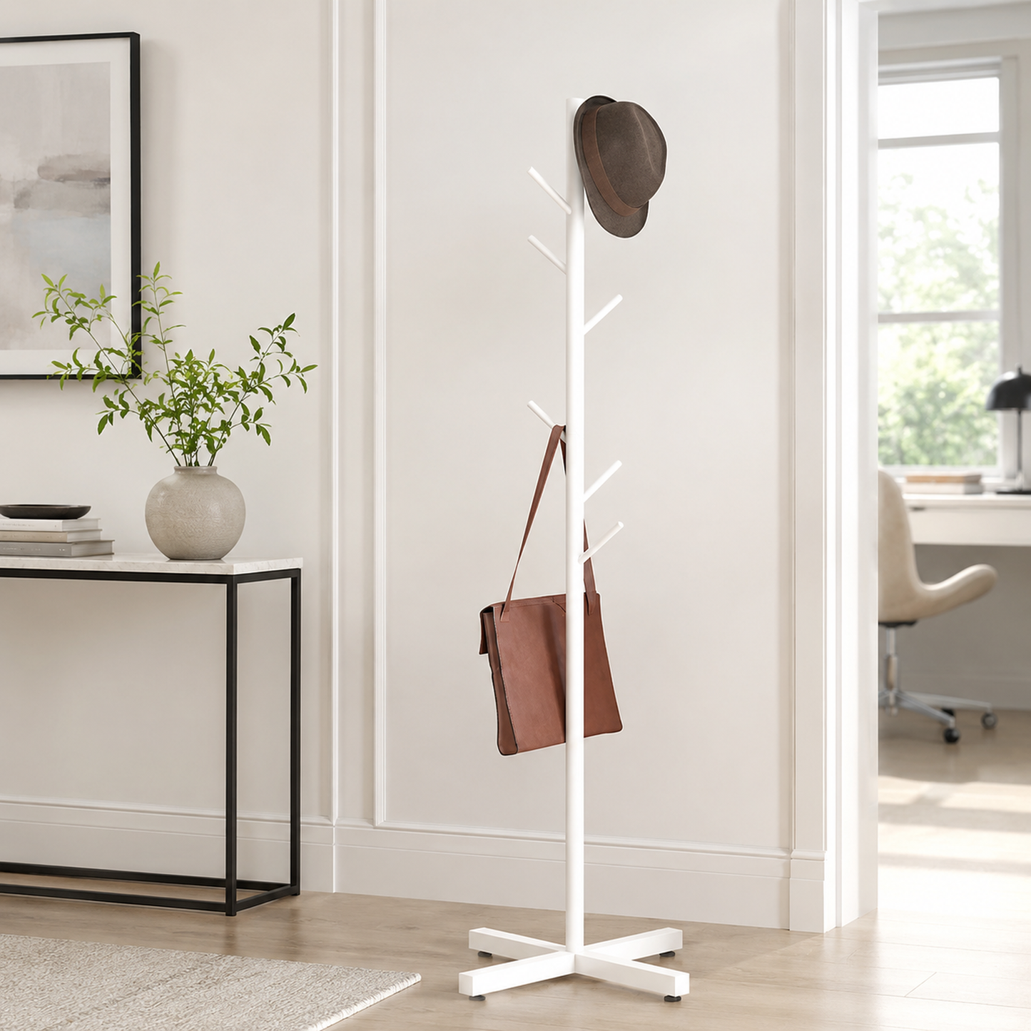 Freestanding Metal Coat Hat Hanging Stand Clothes Hanger Rack Tree Organiser (White)