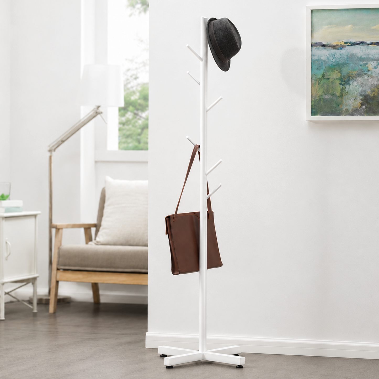 Freestanding Metal Coat Hat Hanging Stand Clothes Hanger Rack Tree Organiser (White)