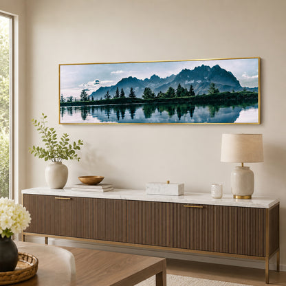 Mountain Lake Landscape Painting Long Canvas Framed Wall Art - 100cm x 30cm