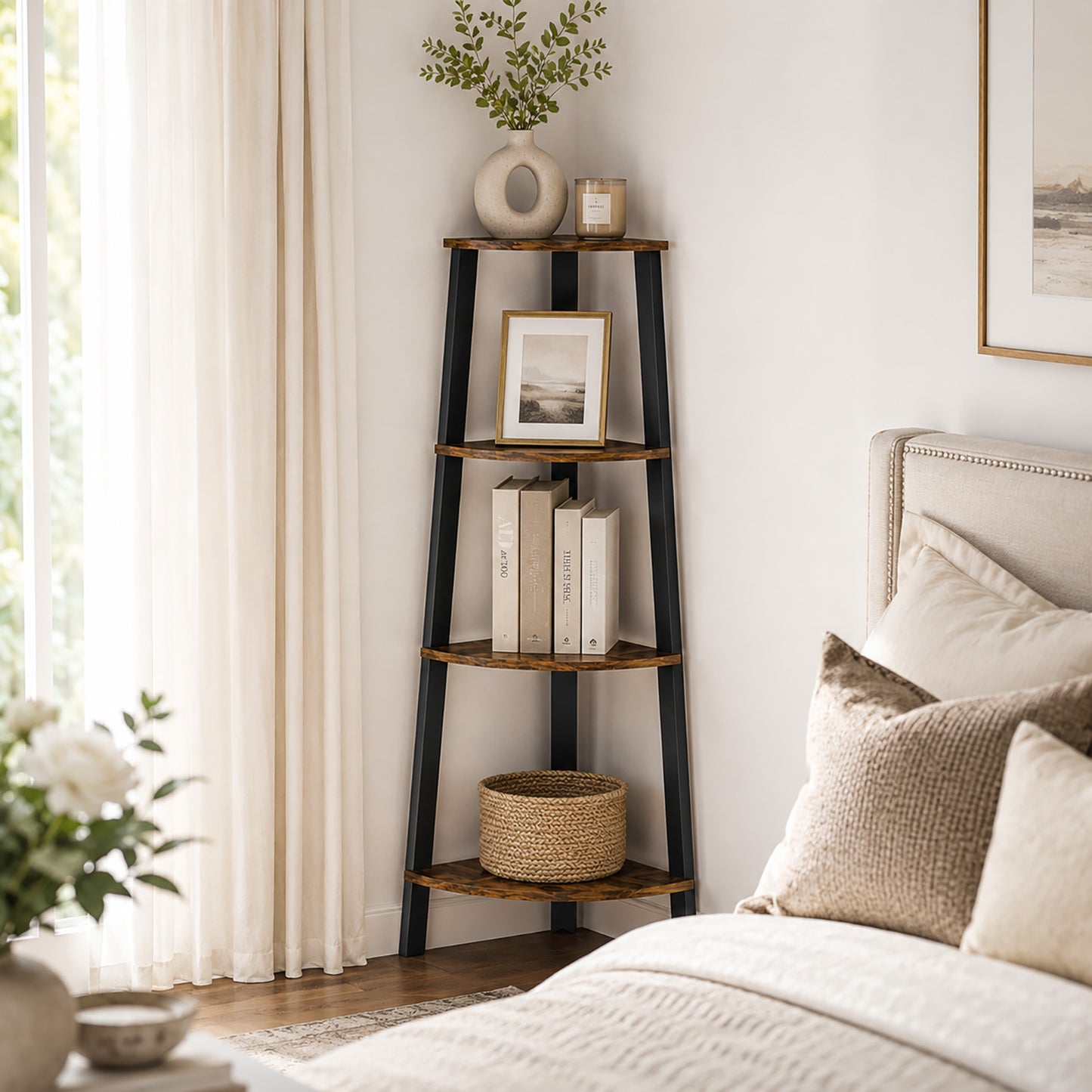 4-Tier Corner Ladder Shelf Unit Rustic Wood & Steel Display Stand Storage Rack