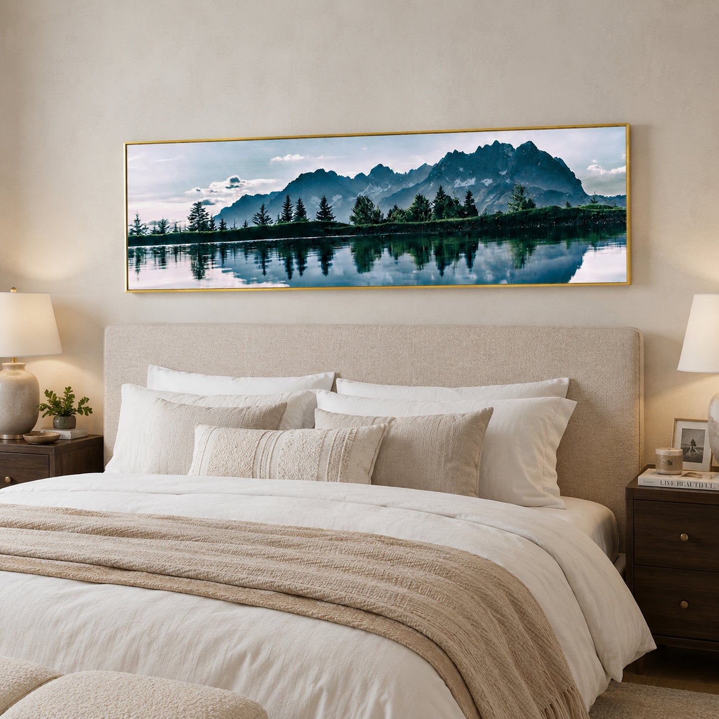 Mountain Lake Landscape Painting Long Canvas Framed Wall Art - 100cm x 30cm