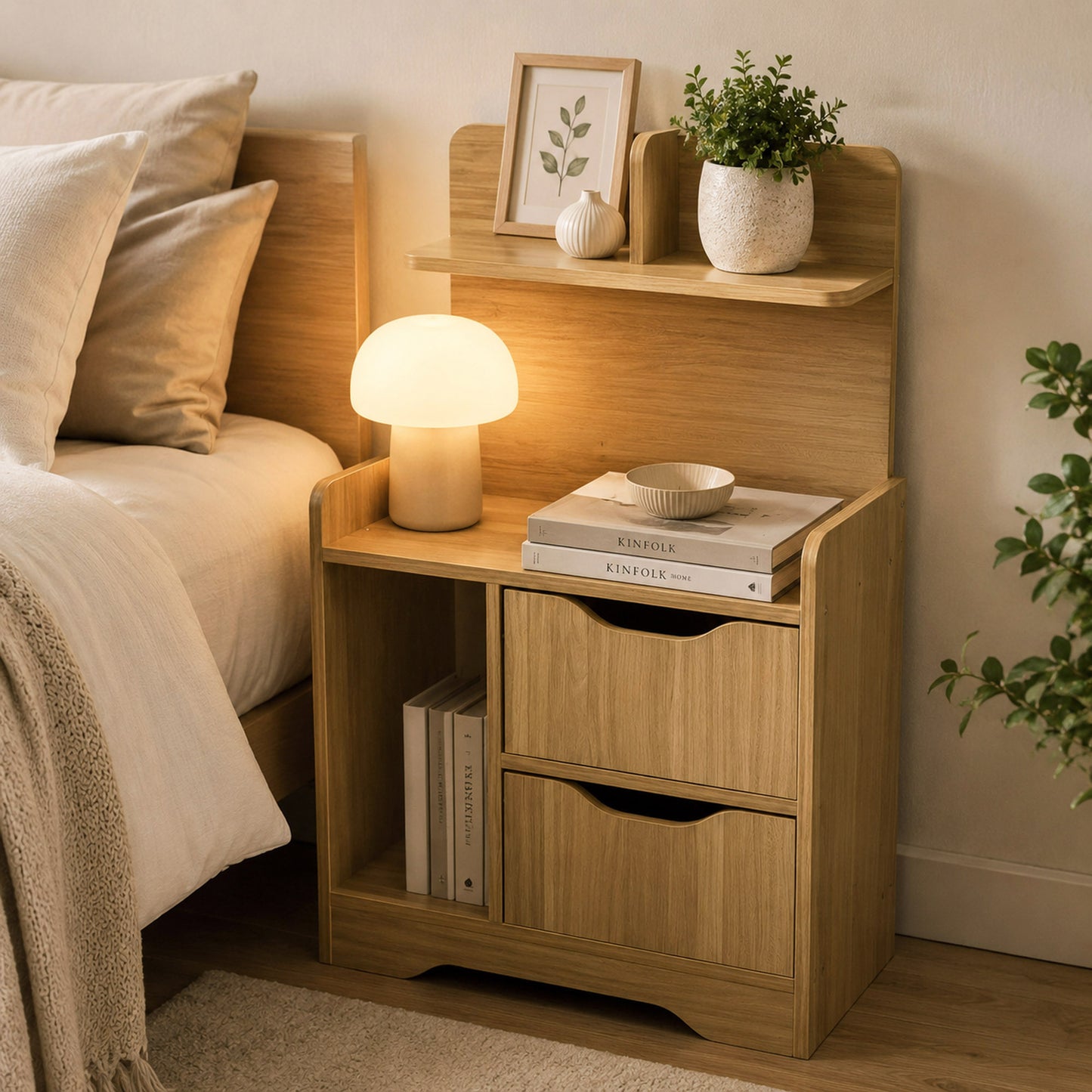 Harmony Tall Bed Side Table with Chest of Drawers and Shelf (Oak)