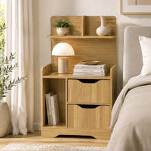 Wooden nightstand with shelves and drawers in a bedroom setting