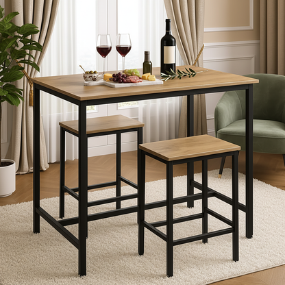 3 Piece Grandeur Premium Wood & Steel Bar Table and Stools Dinning Set (Rustic Oak)