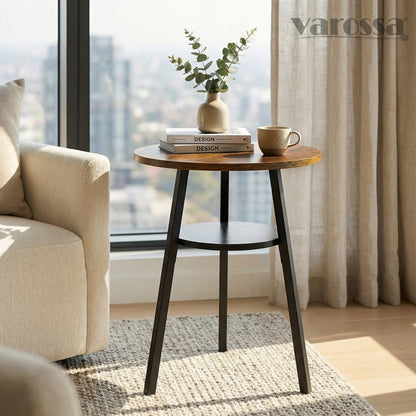 2-Tier Charisma Premium Rustic Wood & Steel Round End Sofa Side Coffee Table