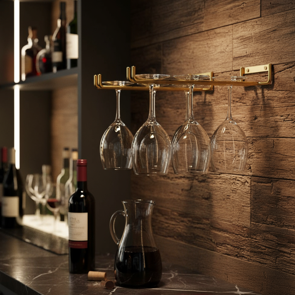 2 x Wine Glass Hanger Rack Under Cabinet Kitchen Bar Stemware Metal Storage Organizer (Gold)