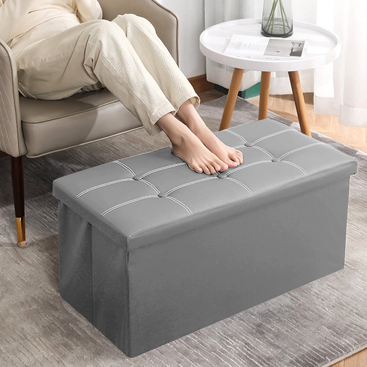 XL Rectangle PU Leather Ottoman Foldable Storage Stool (Grey)
