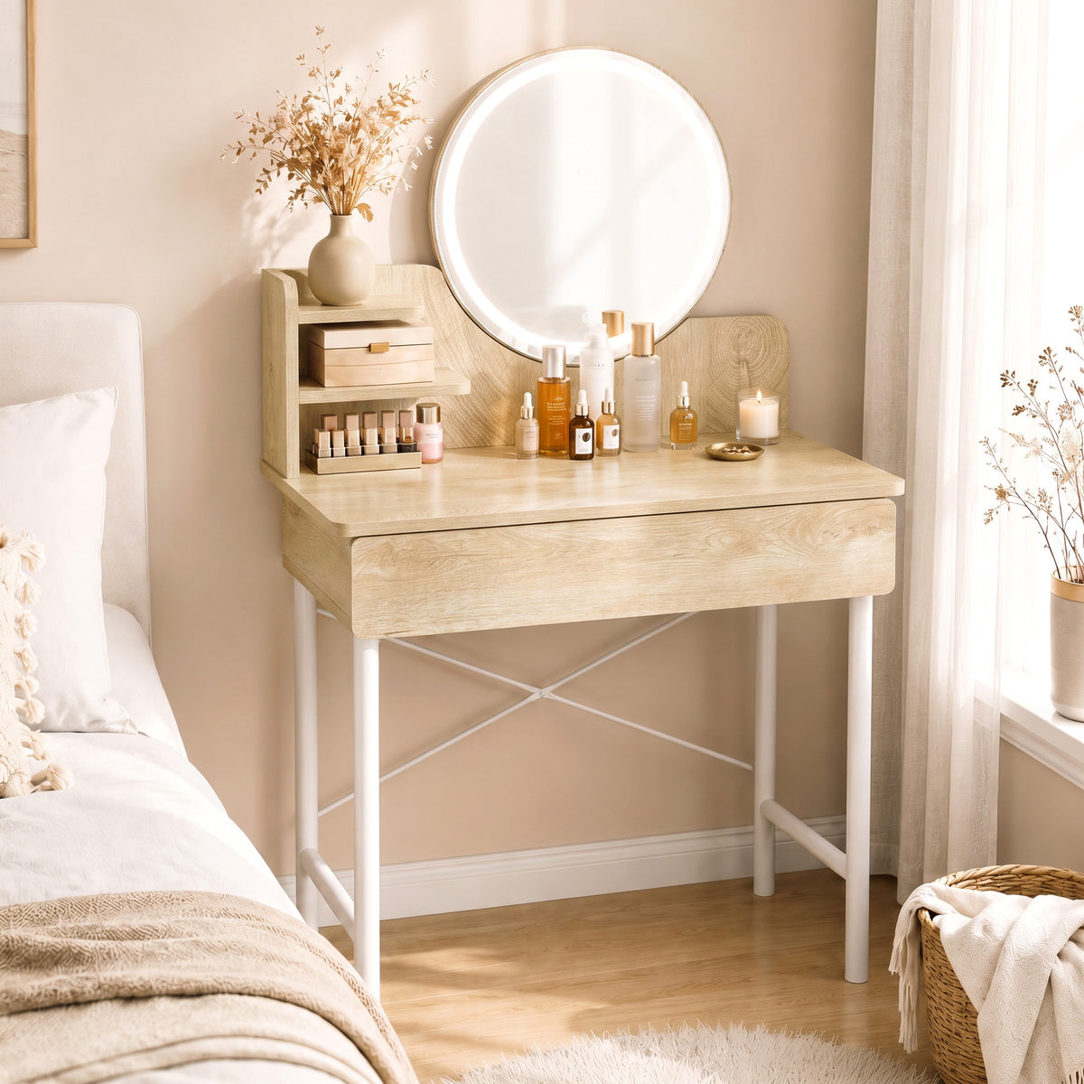 Luxe LED White Makeup Vanity Dressing Table with Mirror & Drawer (Coastal Oak)