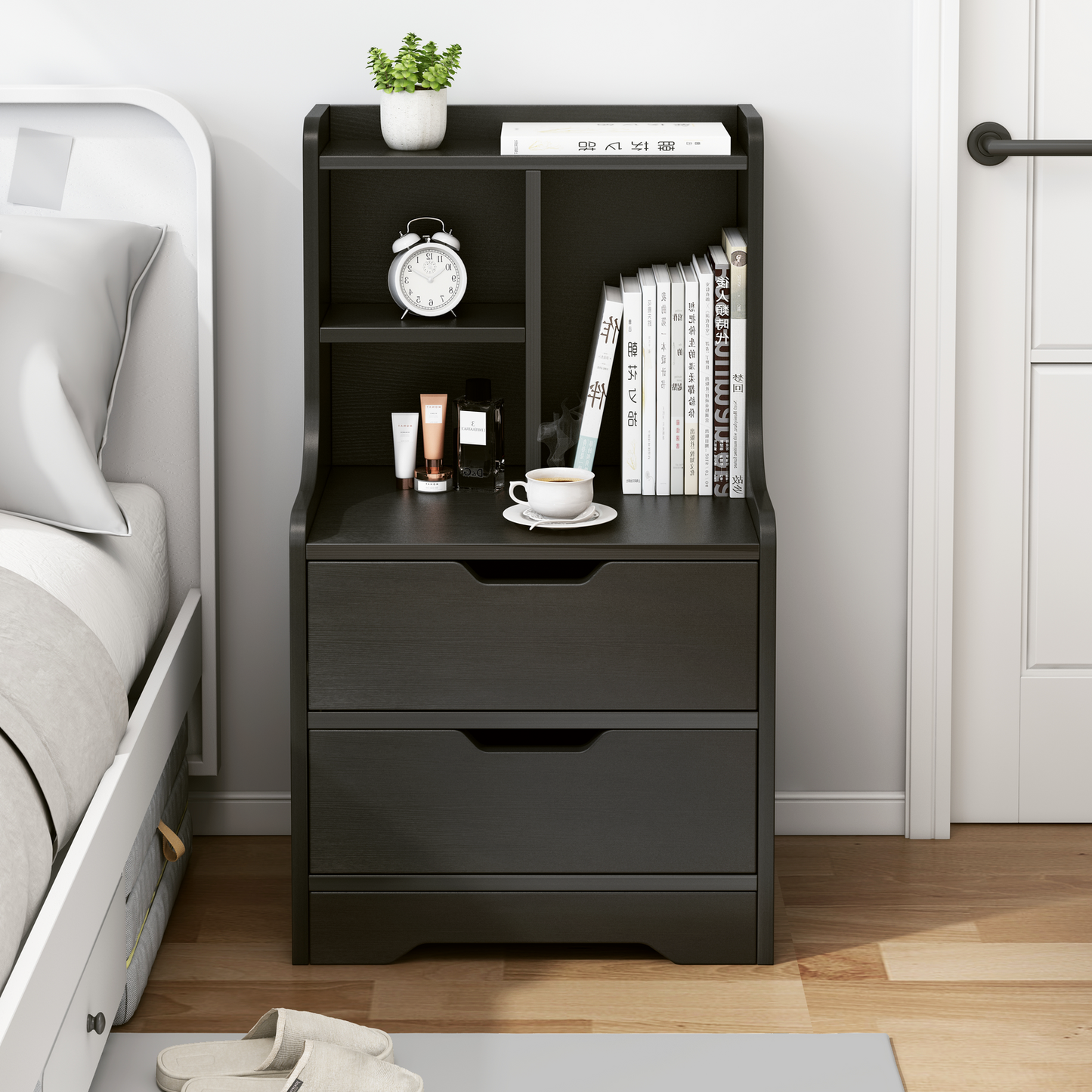 Twilight 2-Drawer Tall Bedside Table with Chest of Drawers and Shelves (Black)
