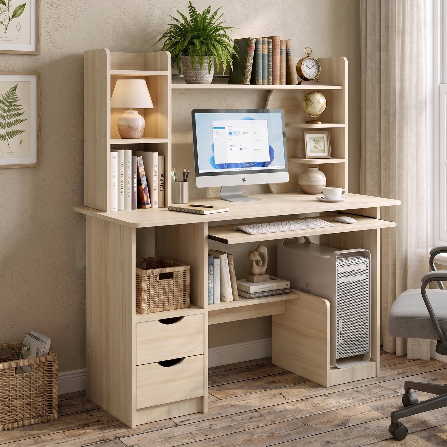 Expert Computer Desk Workstation with Shelf & Cabinet  (White Oak)