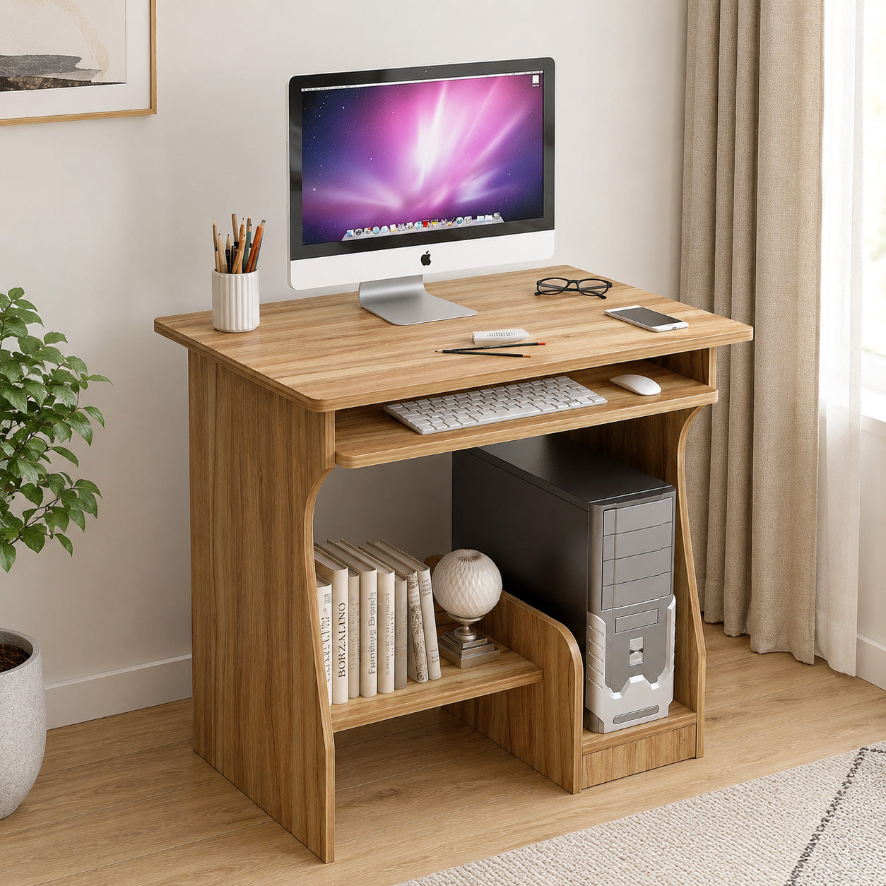 Wooden desk with computer setup in a home office setting