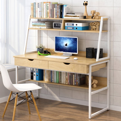 Enterprise Large Computer Desk Workstation with Shelves & Drawers (Natural Oak)