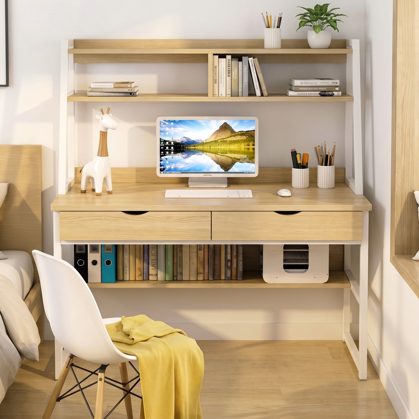 Enterprise Large Computer Desk Workstation with Shelves & Drawers (Natural Oak)