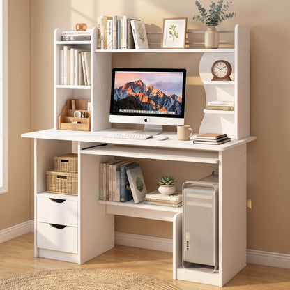 Expert Computer Desk Workstation with Shelf & Cabinet (White)