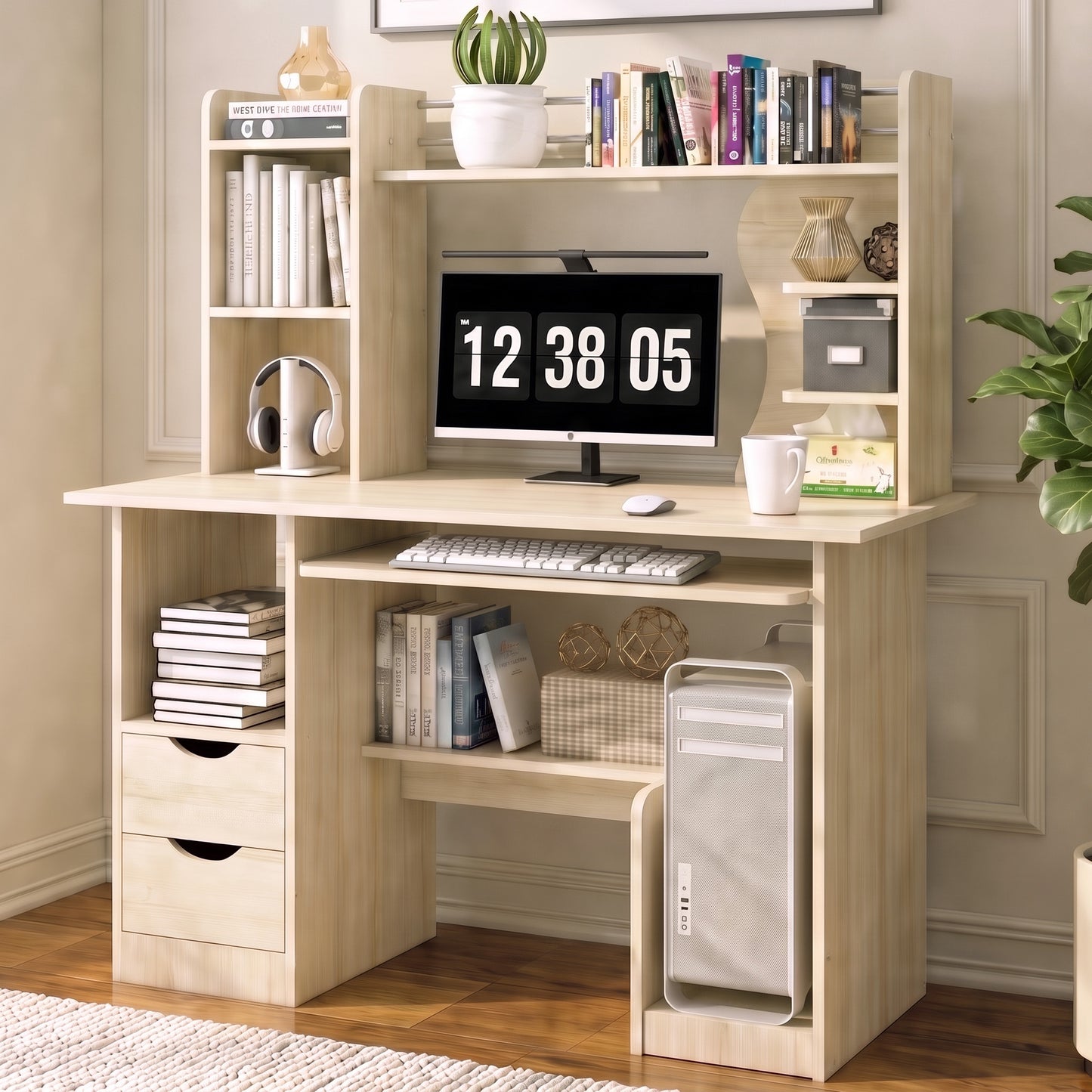 Expert Computer Desk Workstation with Shelf & Cabinet  (White Oak)