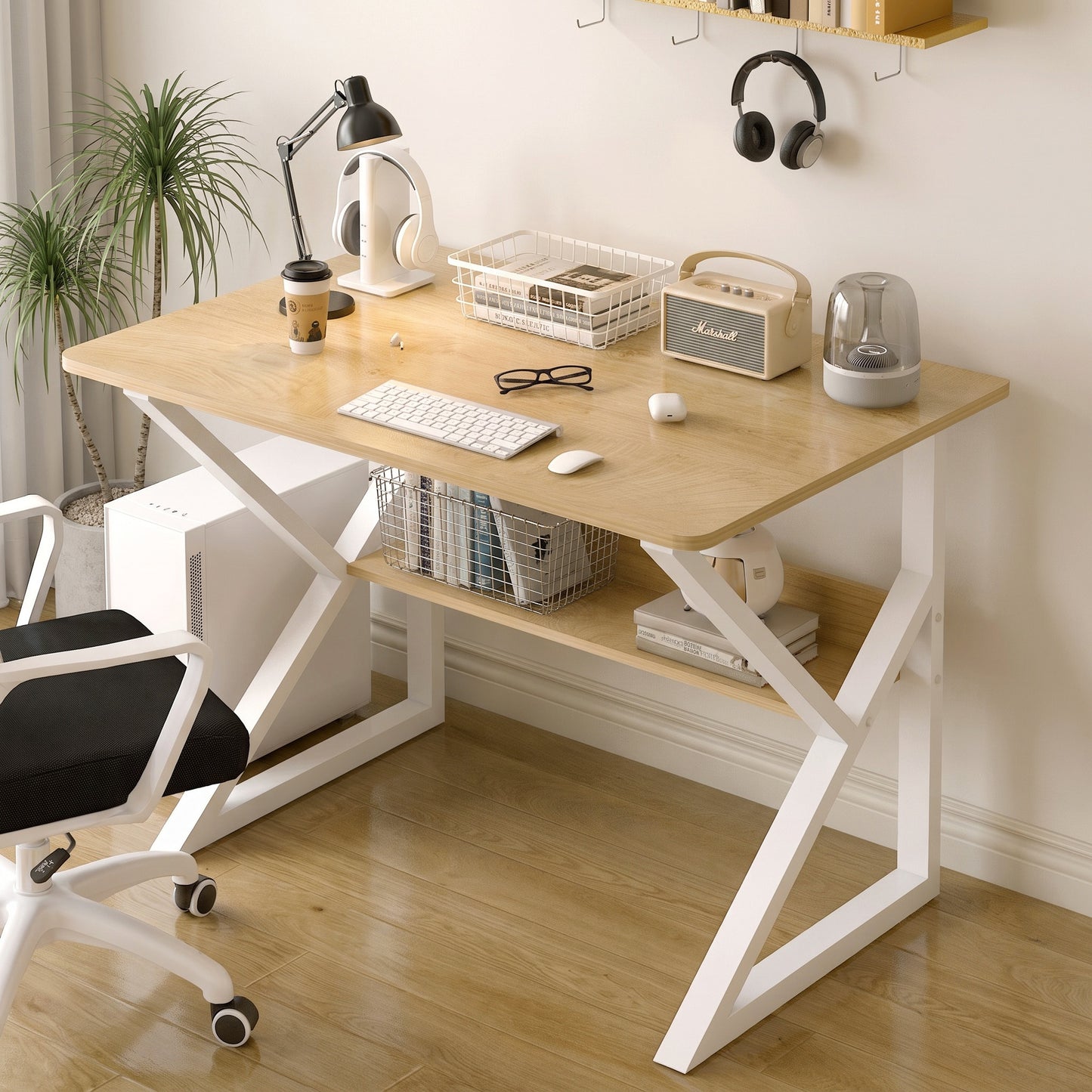 Kori Wood & Metal Computer Desk with Shelf (Natural Oak) - 80cm