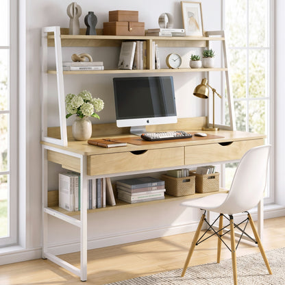 Enterprise Large Computer Desk Workstation with Shelves & Drawers (Natural Oak)