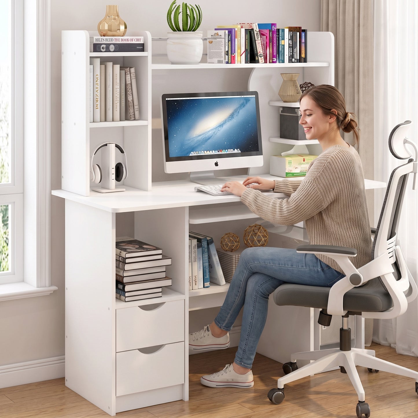 Expert Computer Desk Workstation with Shelf & Cabinet (White)
