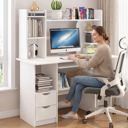 Expert Computer Desk Workstation with Shelf & Cabinet (White)