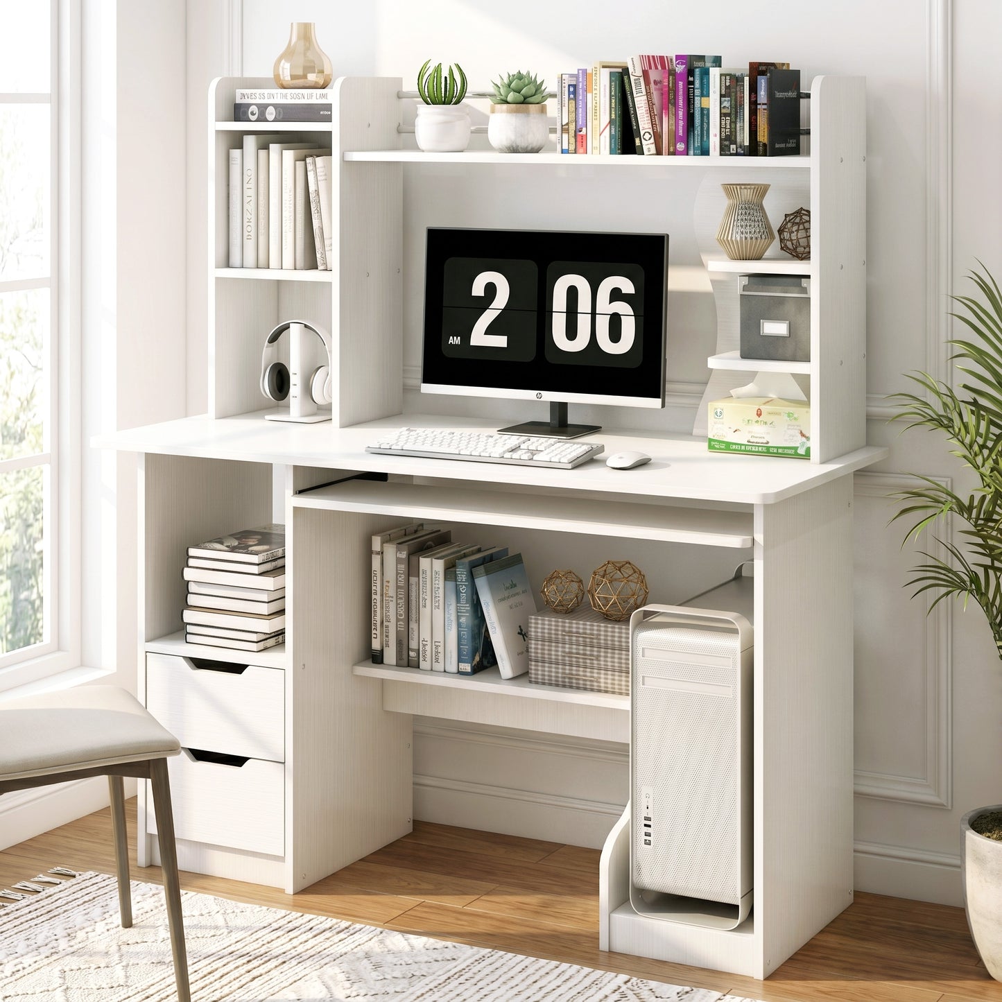 Expert Computer Desk Workstation with Shelf & Cabinet (White)