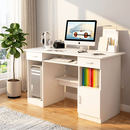 Executive Office Computer Desk with Drawers, Cabinet, Shelves (White)
