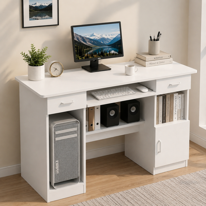 Executive Office Computer Desk with Drawers, Cabinet, Shelves (White)