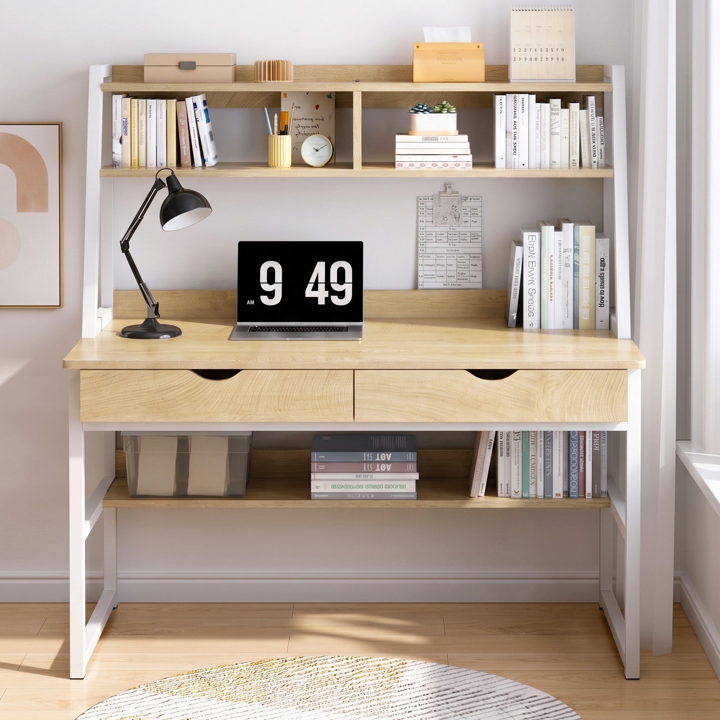 Enterprise Large Computer Desk Workstation with Shelves & Drawers (Natural Oak)