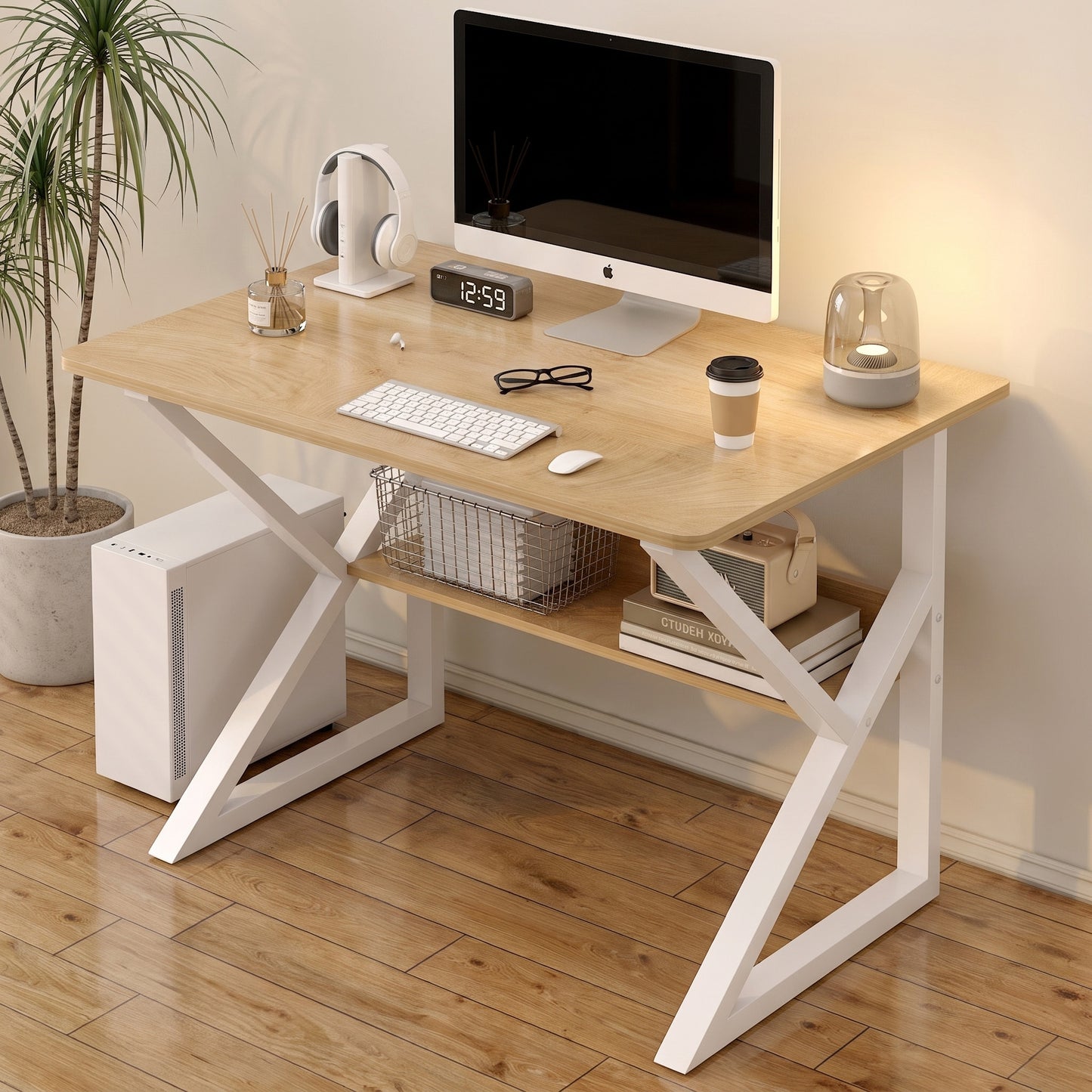 Kori Wood & Metal Computer Desk with Shelf (Natural Oak) - 80cm