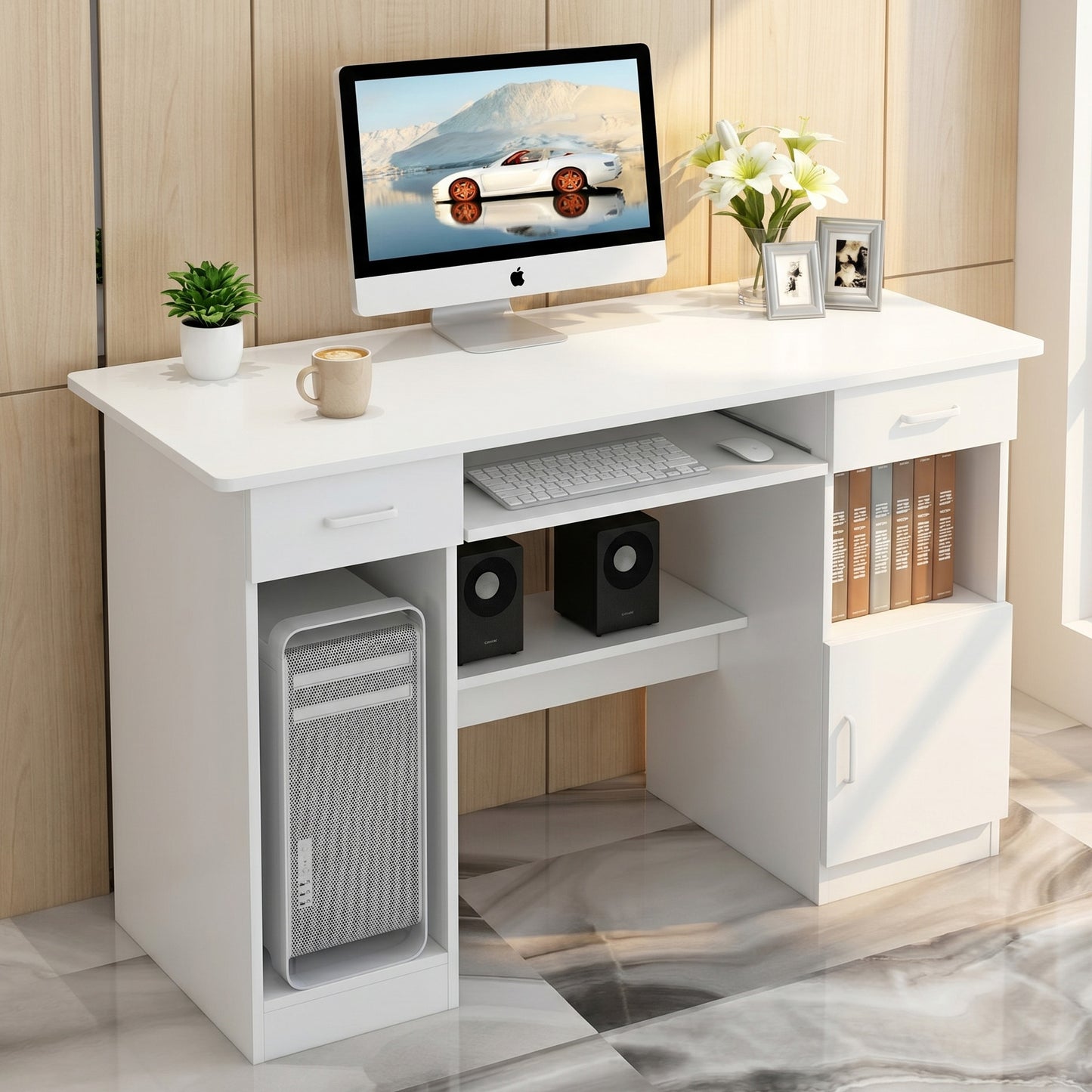 Executive Office Computer Desk with Drawers, Cabinet, Shelves (White)
