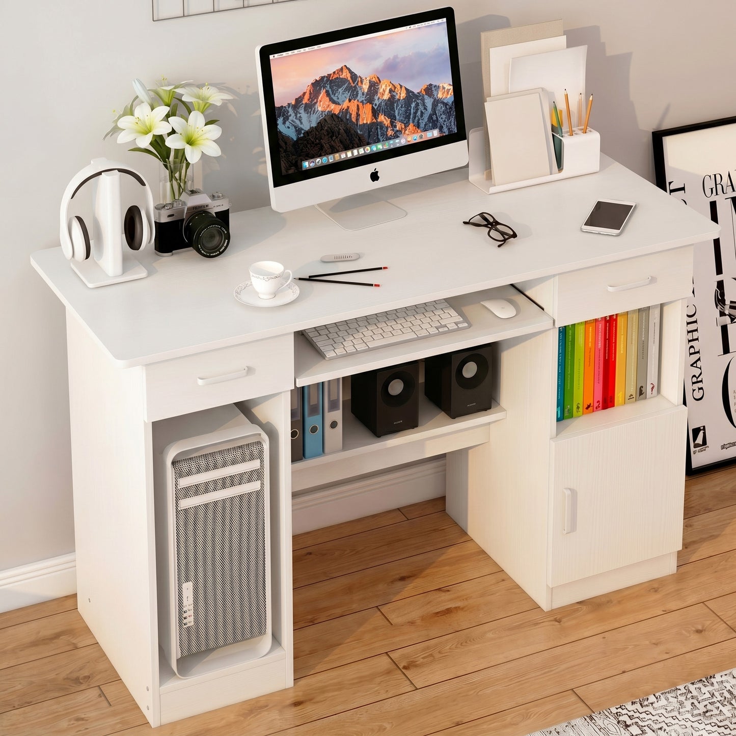 Executive Office Computer Desk with Drawers, Cabinet, Shelves (White)