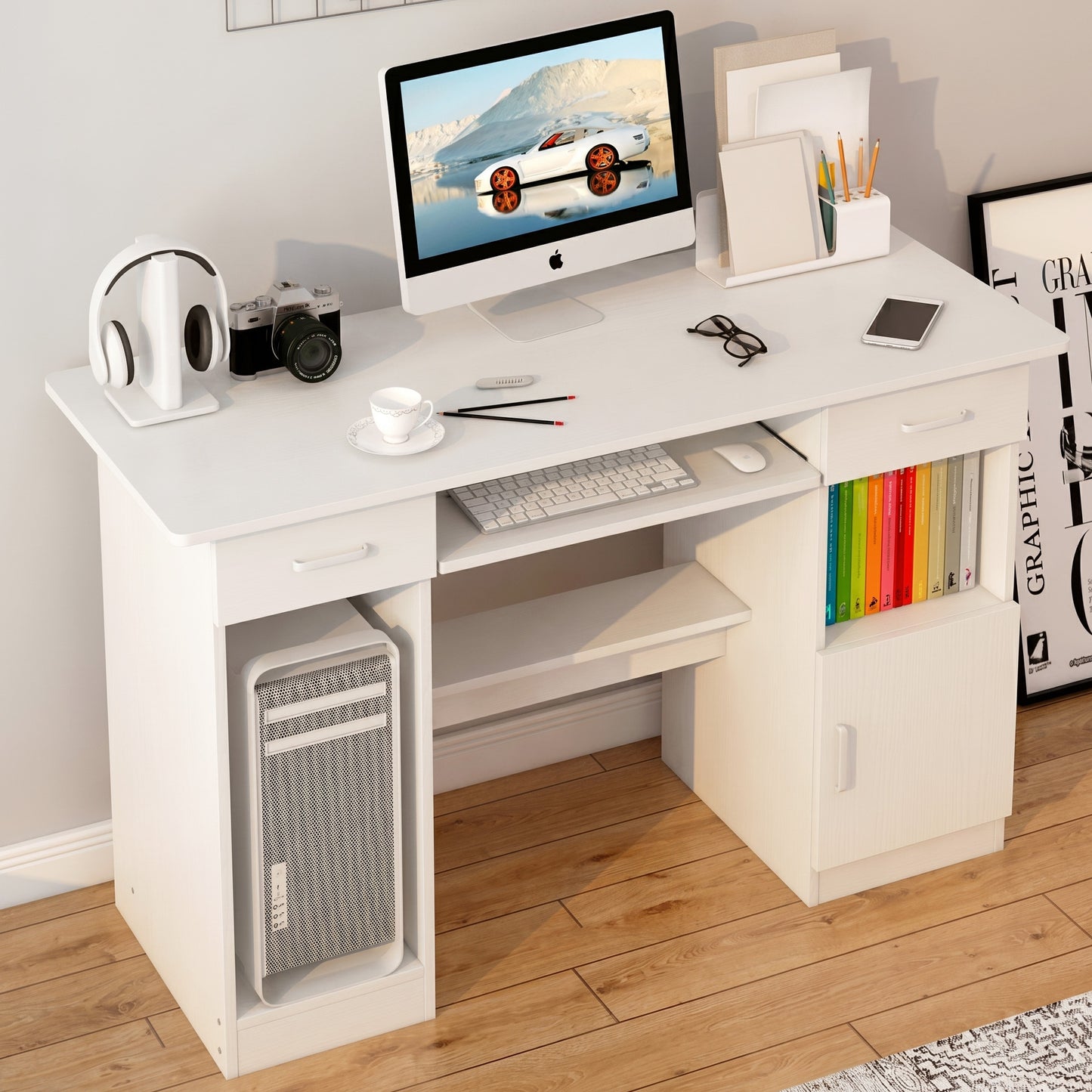 Executive Office Computer Desk with Drawers, Cabinet, Shelves (White)