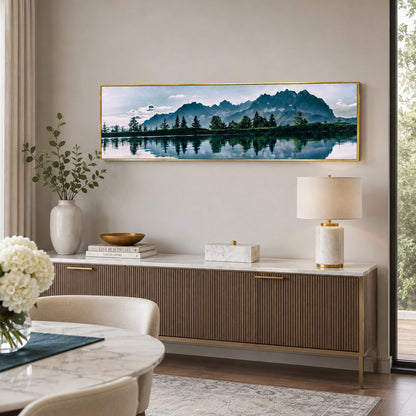 Mountain Lake Landscape Painting Long Canvas Framed Wall Art - 100cm x 30cm