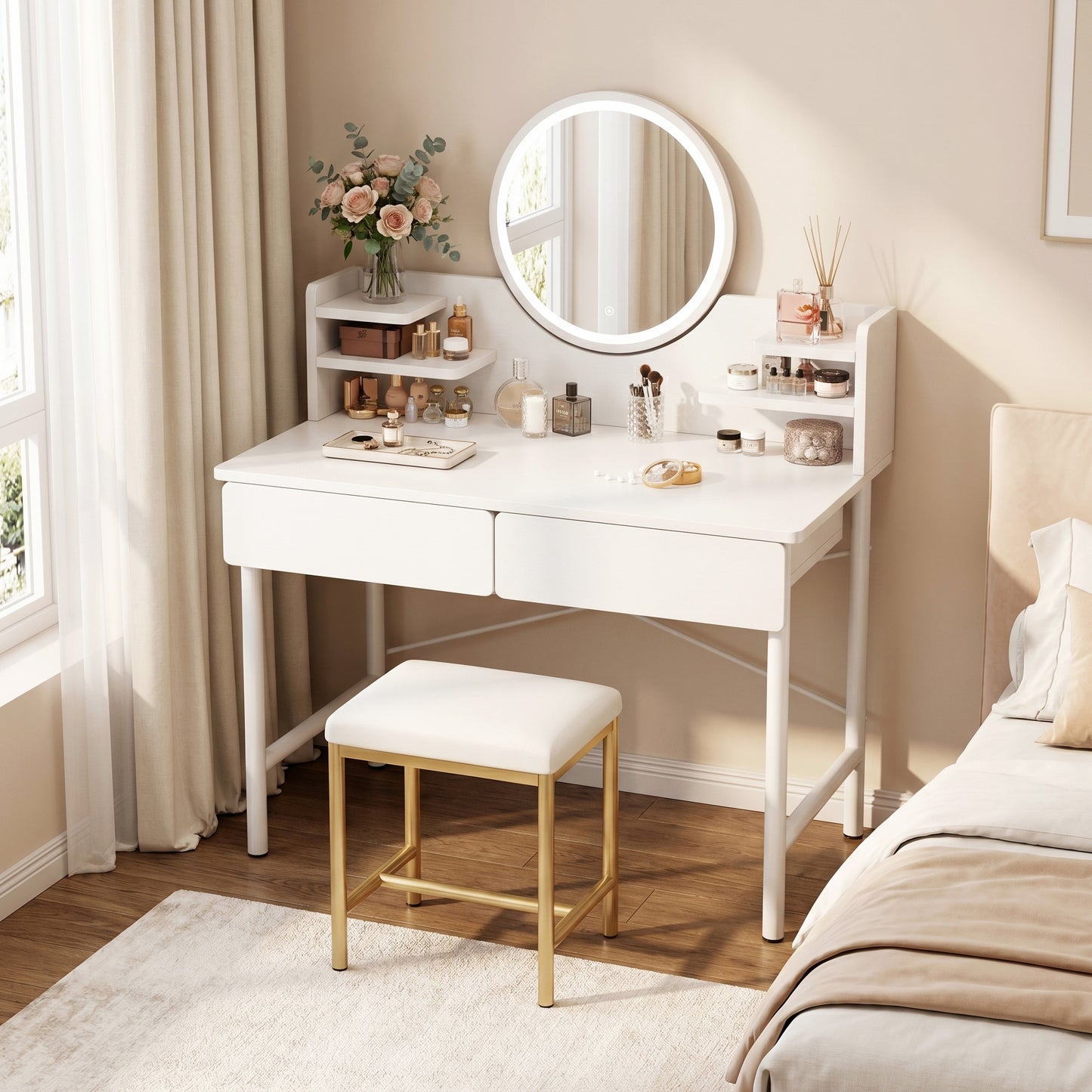 LED Luminous Mirror White Makeup Vanity Dressing Table with Storage Drawers
