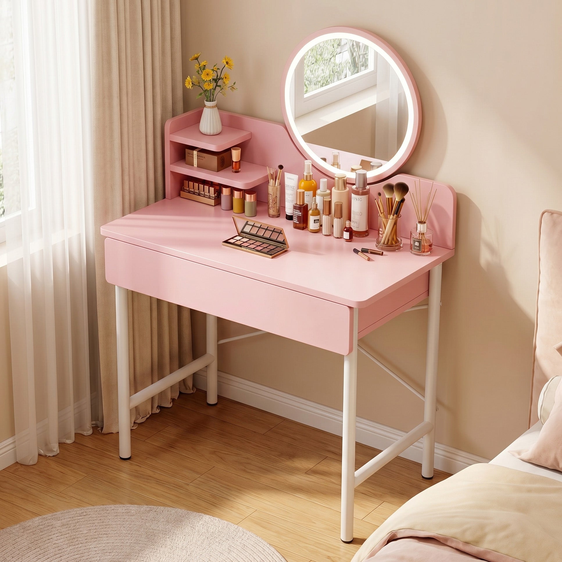 LED Luminous Mirror Makeup Vanity Dressing Table Pink Dresser with Dra LED Luminous Mirror Makeup Vanity Dressing Table Pink Dresser with Dra