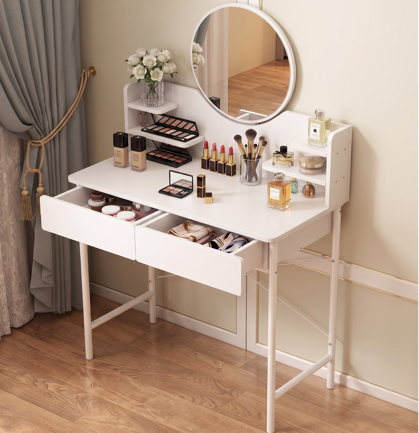Luxe LED White Makeup Vanity Dressing Table Mirror Drawers Shelves