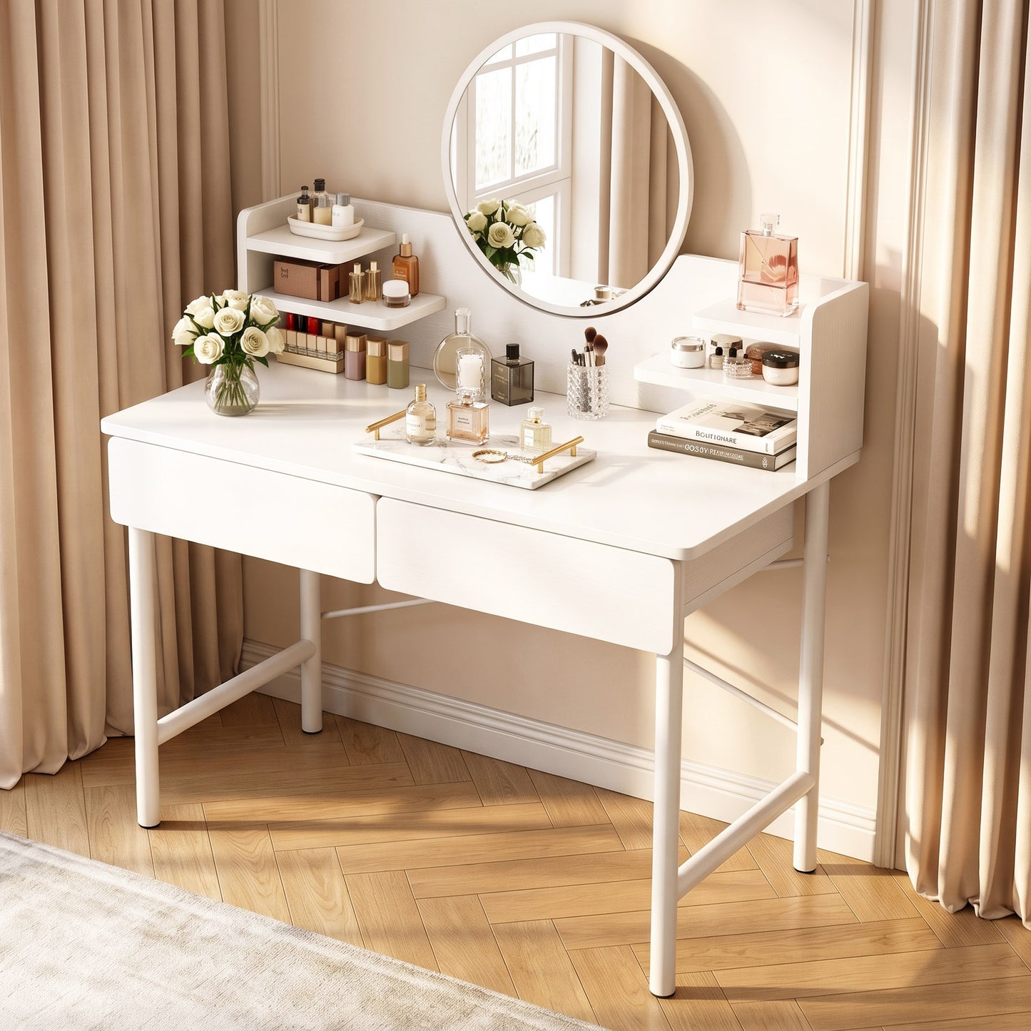 Luxe LED White Makeup Vanity Dressing Table Mirror Drawers Shelves