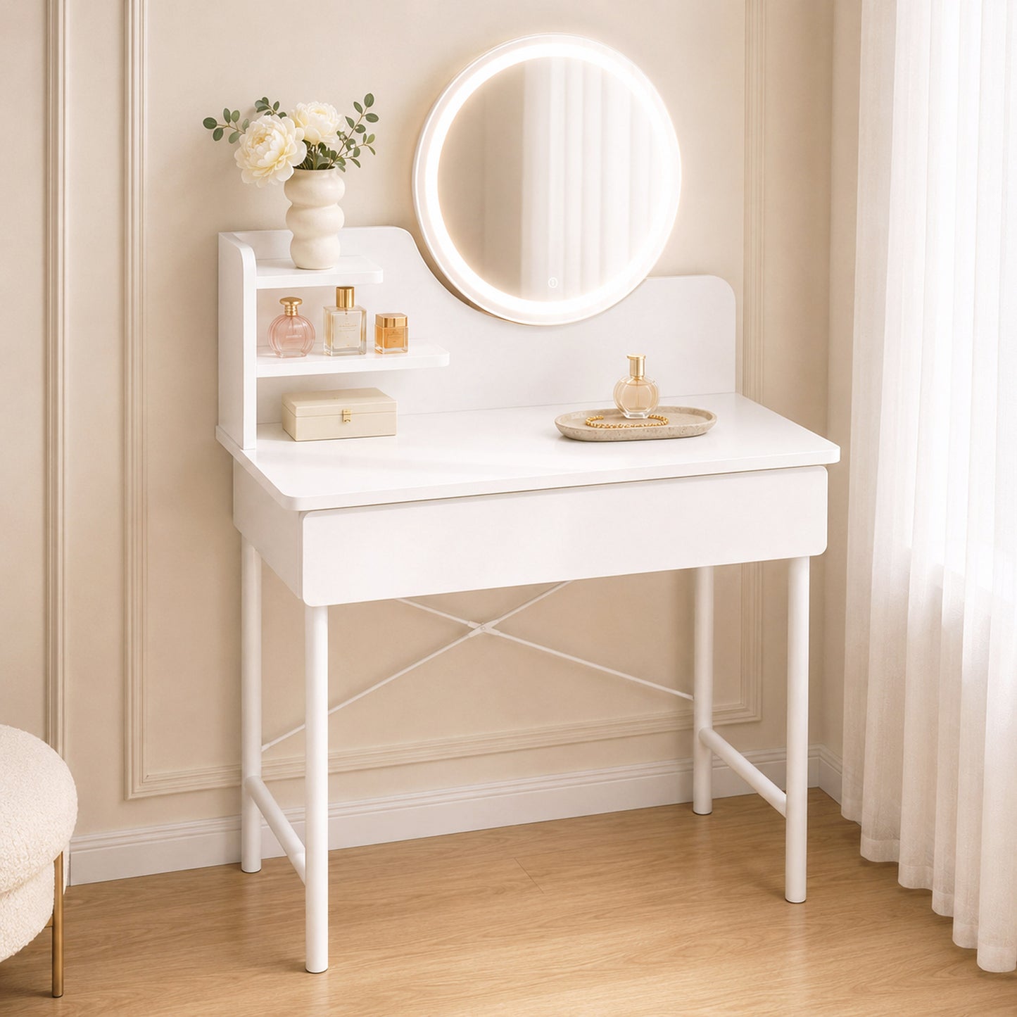 Luxe LED White Makeup Vanity Dressing Table with Mirror & Drawer
