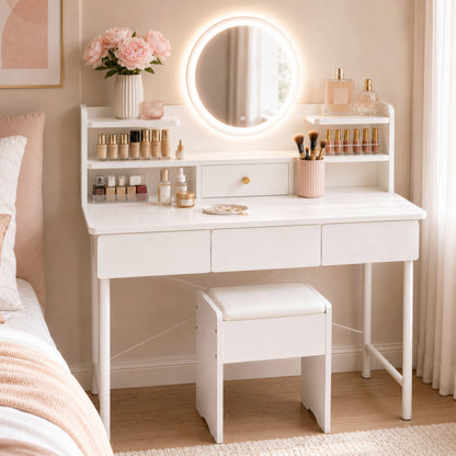 Luxe LED Large Dressing Table LED Mirror Makeup Vanity Drawers Stool Set