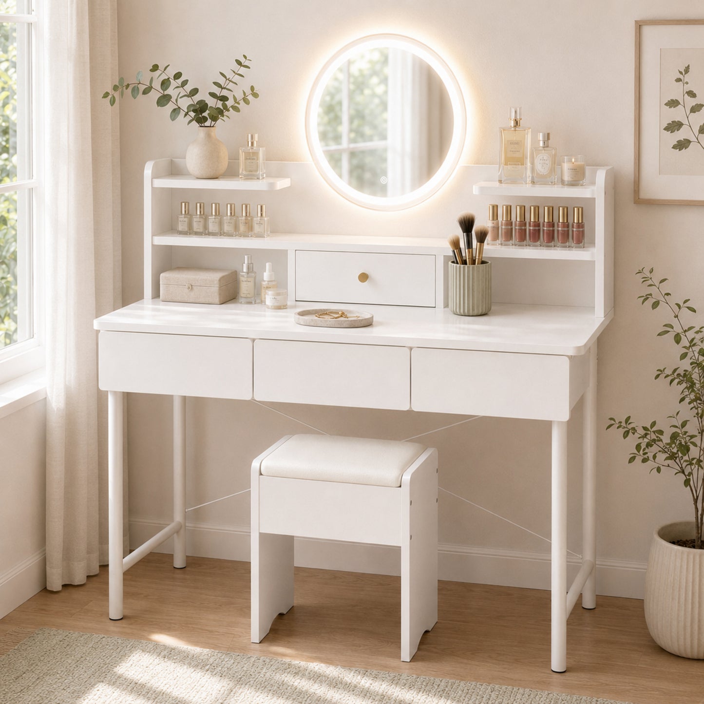 Luxe LED Large Dressing Table LED Mirror Makeup Vanity Drawers Stool Set