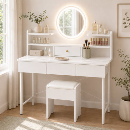 Luxe LED Large Dressing Table LED Mirror Makeup Vanity Drawers Stool Set