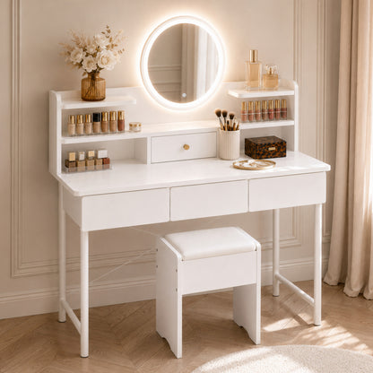 Luxe LED Large Dressing Table LED Mirror Makeup Vanity Drawers Stool Set