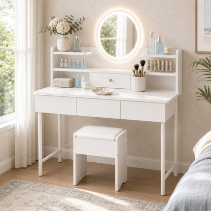 Luxe LED Large Dressing Table LED Mirror Makeup Vanity Drawers Stool Set