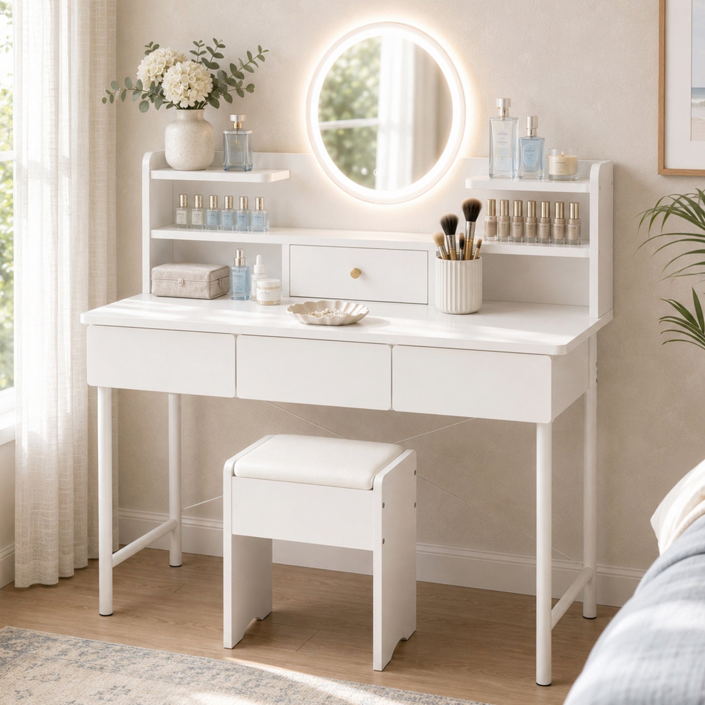 Luxe LED Large Dressing Table LED Mirror Makeup Vanity Drawers Stool Set