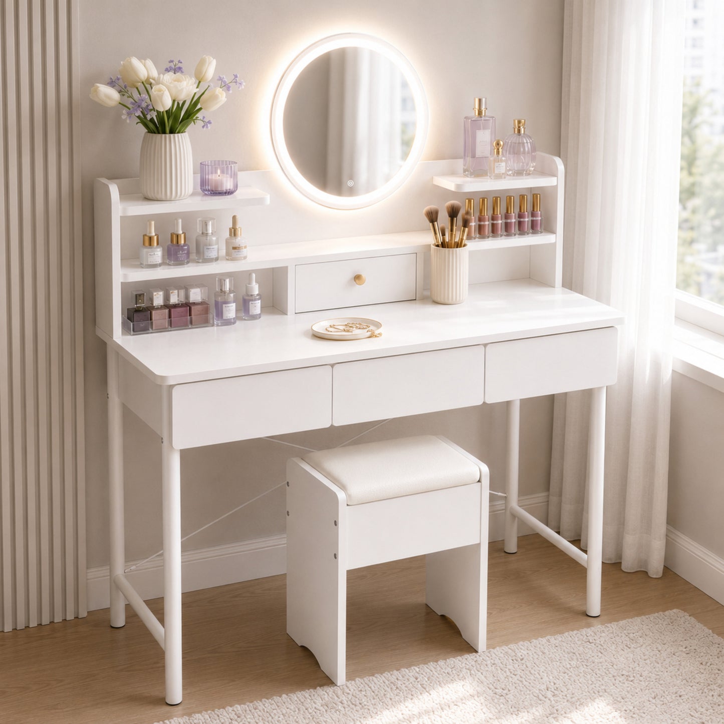 Luxe LED Large Dressing Table LED Mirror Makeup Vanity Drawers Stool Set