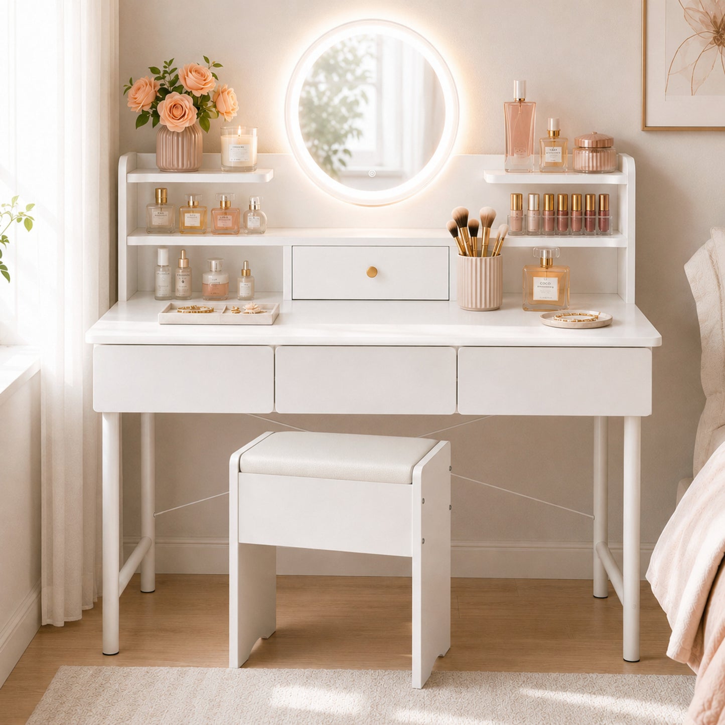 Luxe LED Large Dressing Table LED Mirror Makeup Vanity Drawers Stool Set