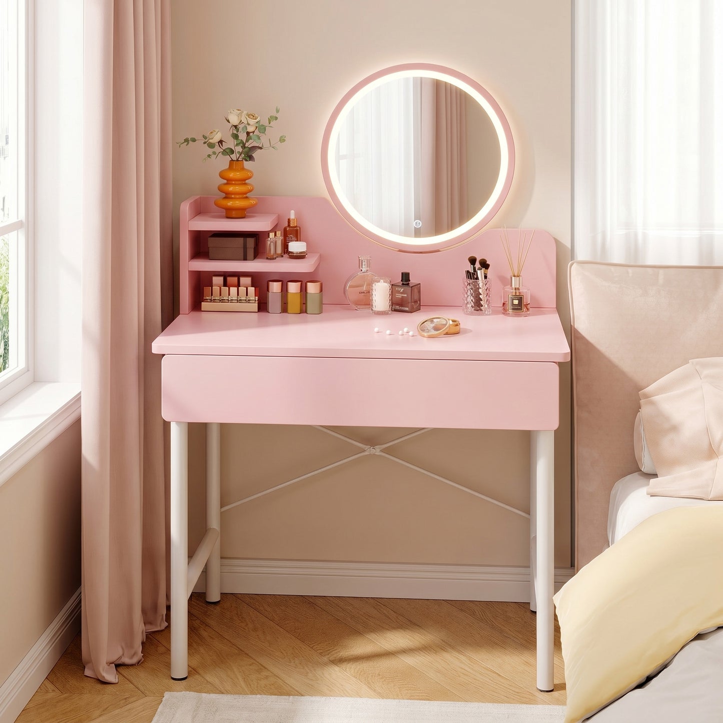 LED Luminous Mirror Makeup Vanity Dressing Table Pink Dresser with Drawer Storage